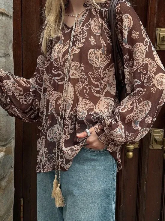 Coffee Brown Boho Women's Cashew Flower Print Shirt - Picture 3 of 8